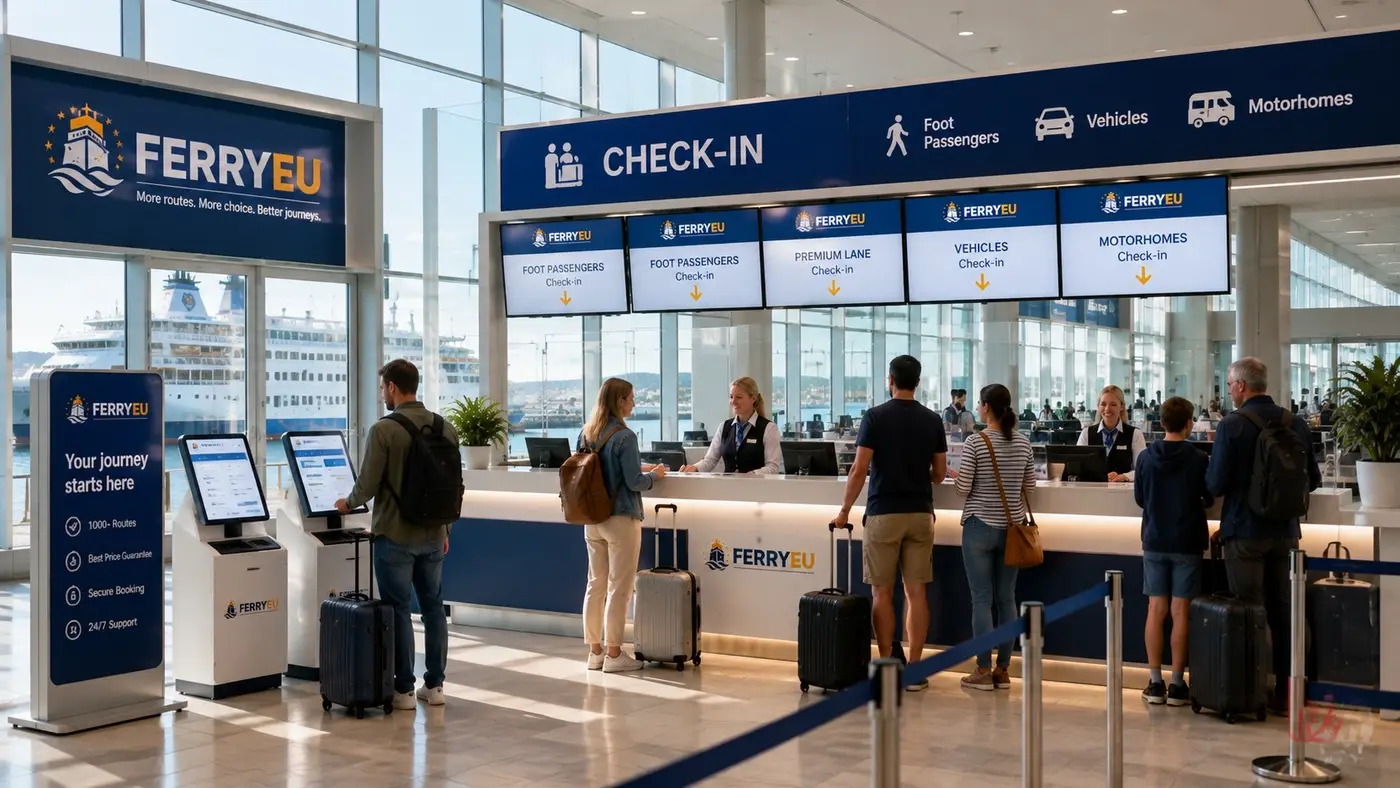 Mostradores de check-in de um terminal de ferry