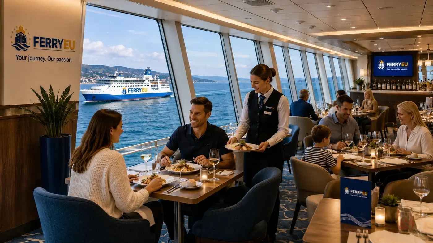 Restaurante a bordo de um ferry com vistas ao mar