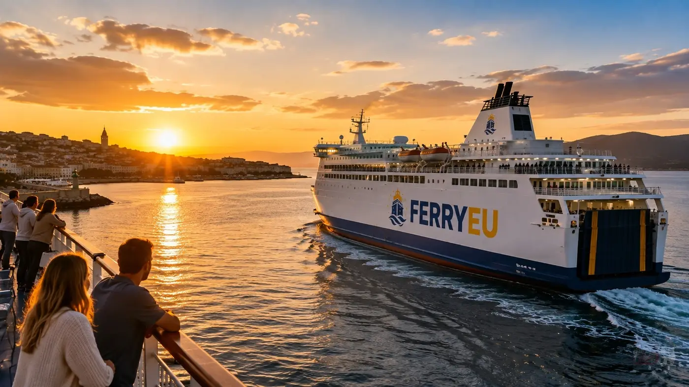 Ferry de passageiros a navegar ao pôr do sol