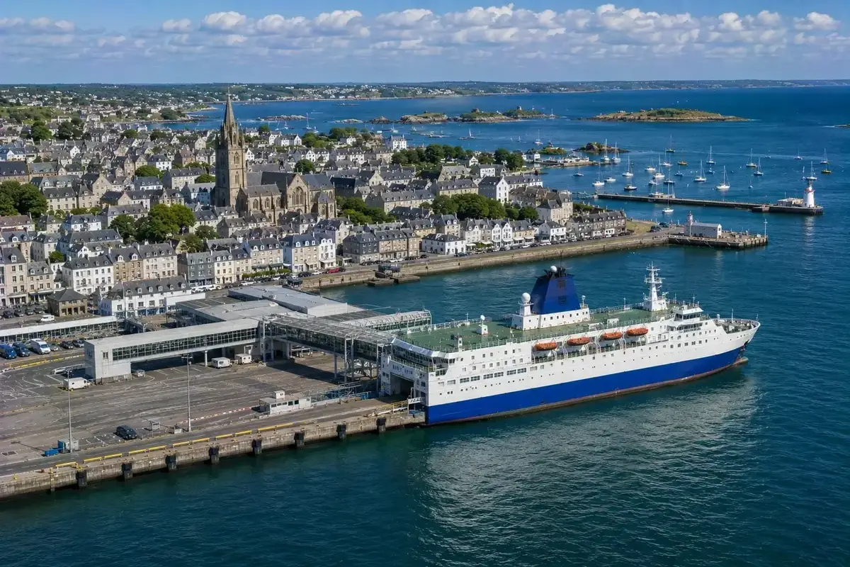 Vista aérea do porto de ferry e da zona portuária de Roscoff, na costa da Bretanha
